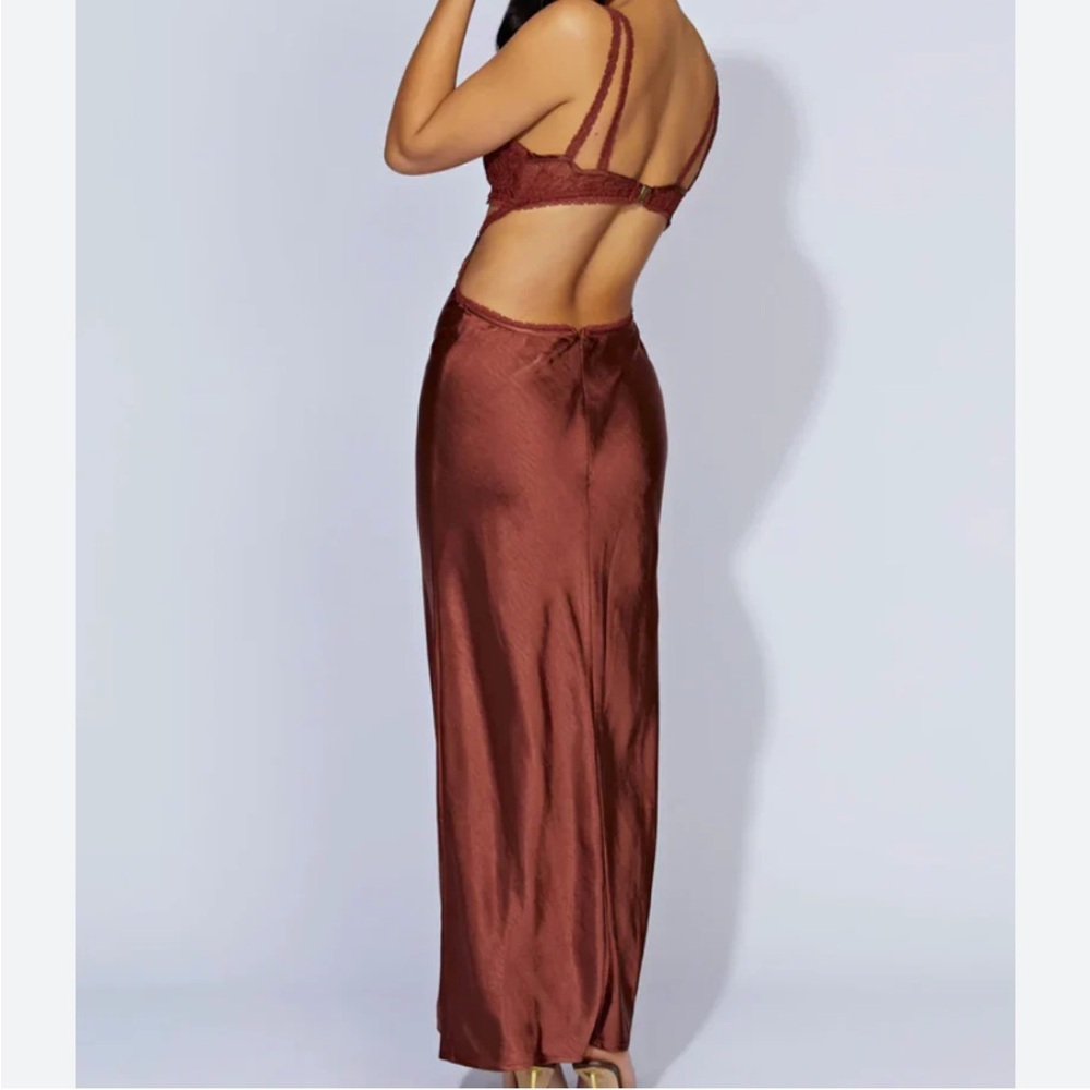 NWT Meshki Seraphine Cherry Chocolate Lace Maxi strappy sexy Dress - Picture 2 of 7